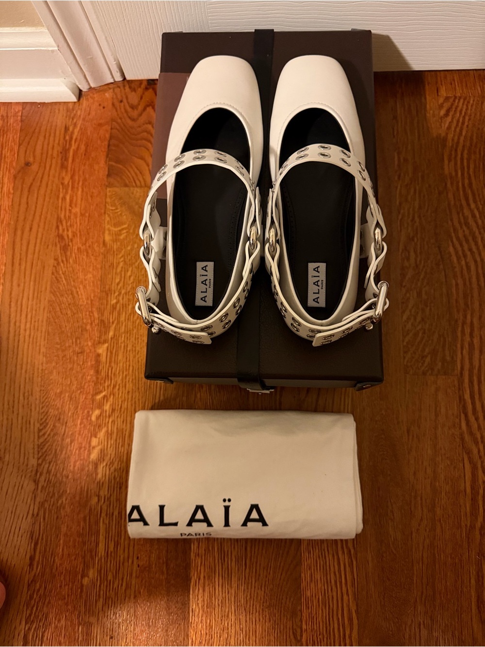 Alaïa White Leather Mary Jane Flats with Studded Strap